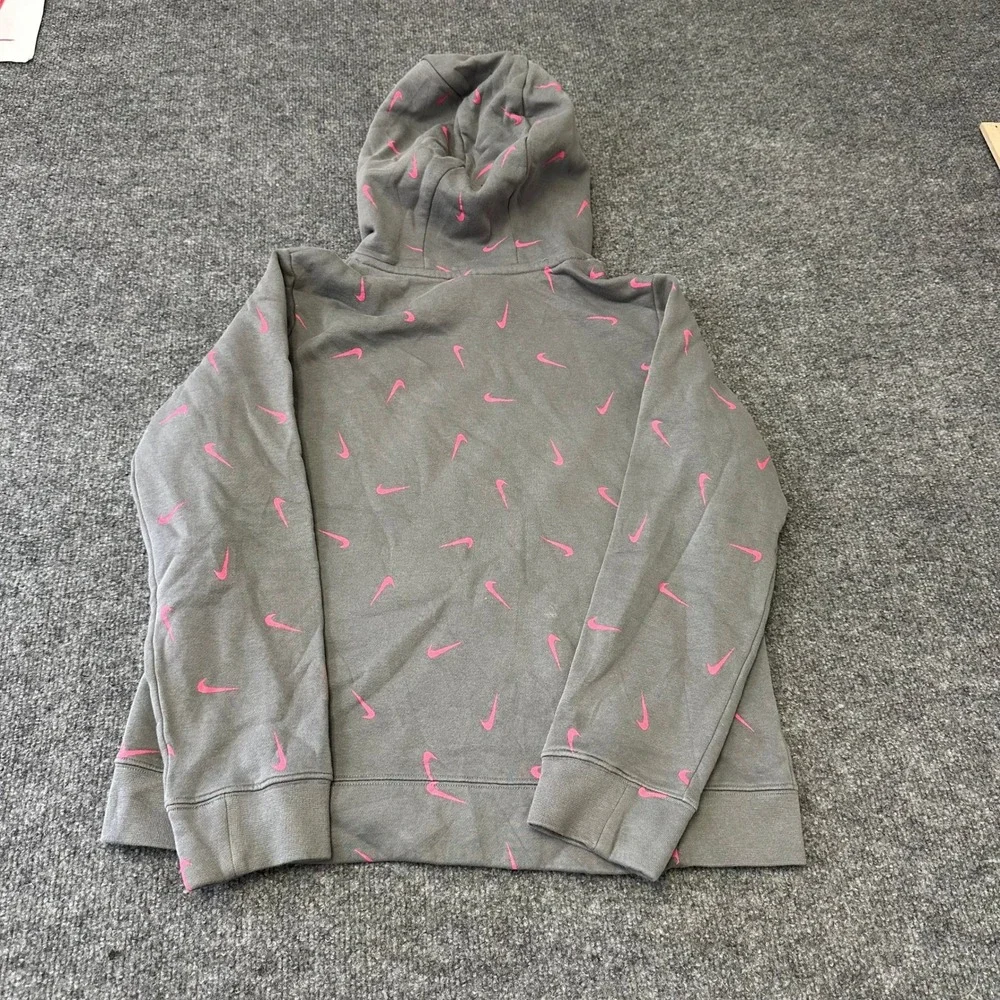 Nike Hoodie Womens Size XL Gray Pink All Over Swoosh Print Standard Fit Fleece